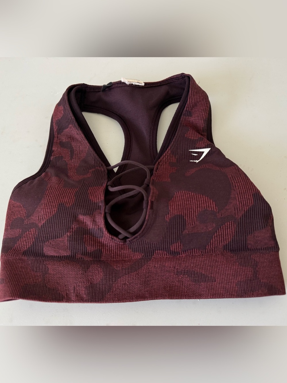 Gymshark Women's Burgundy Camo Lace-Up Racerback Sports Bra XS